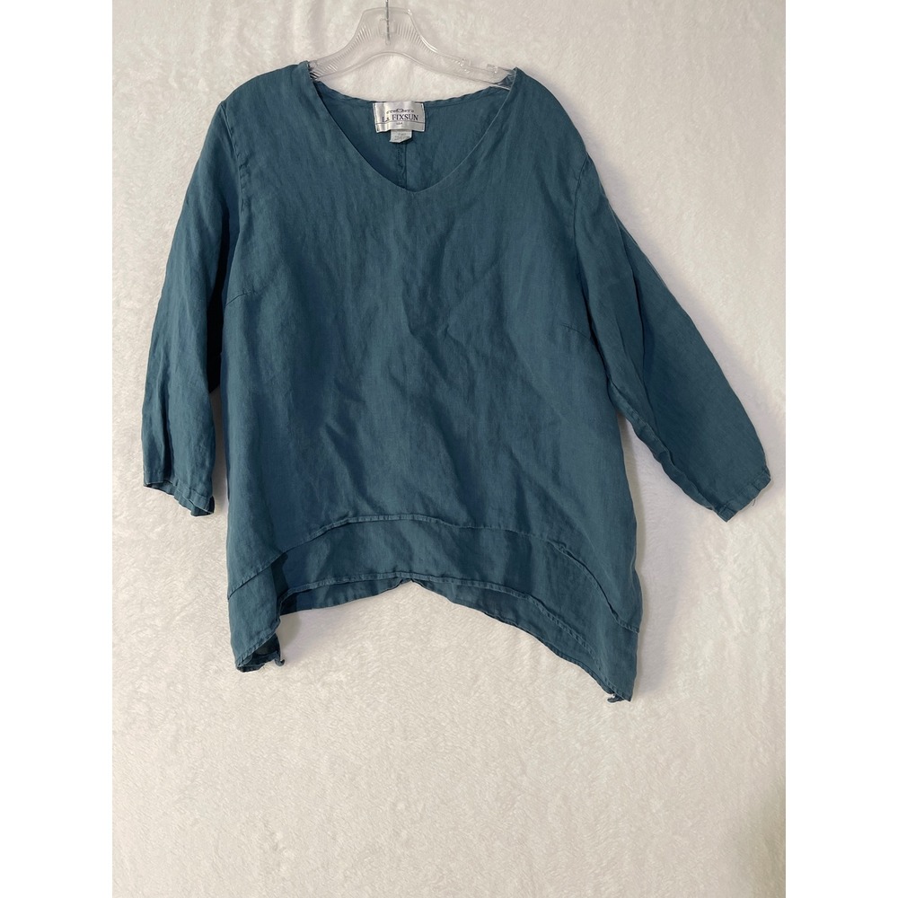 La Fixsun Womens Teal Blue Linen V-Neck Sharkbite Hem Tunic Blouse Size Medium